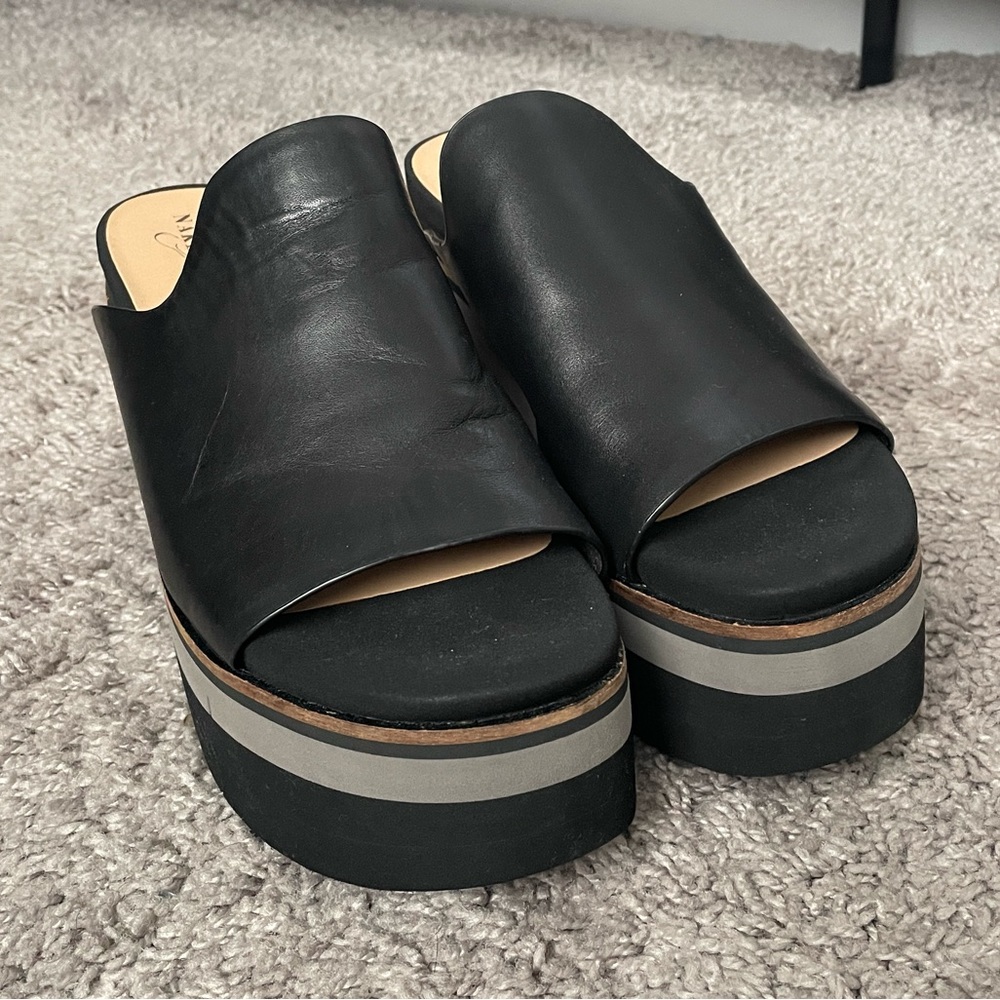 Black Leather Platform Slides